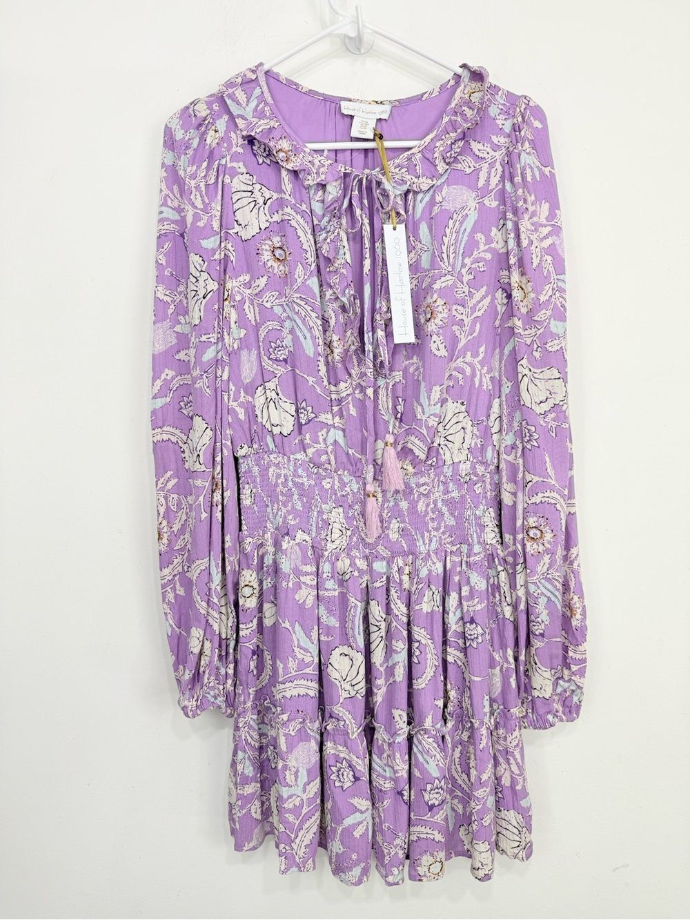 House of Harlow 1960 Purple Floral Smock Waist Ruffled Peasant Mini Dress NEW